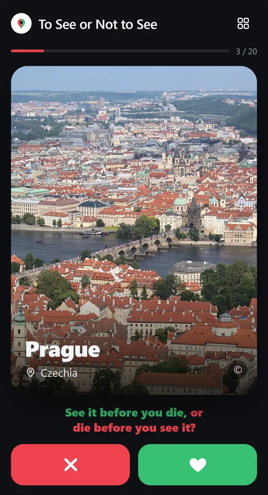 Prague card with the question and two vote buttons